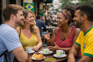 Pessoas conversando em café no Brasil explicando cultura e português para aprendizes