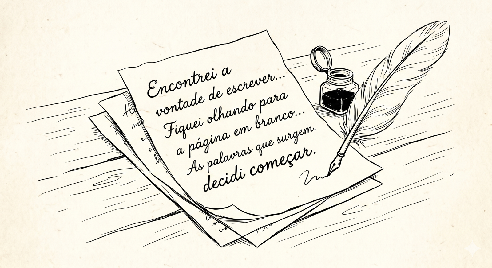 Ilustração em traços de uma carta escrita à mão com pena e tinta, representando o conto do Blog da Cássia.