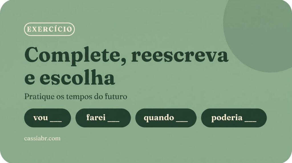 Cartel verde con el título Complete, reescreva e escolha y ejemplos de frases con espacios en blanco sobre el futuro en portugués